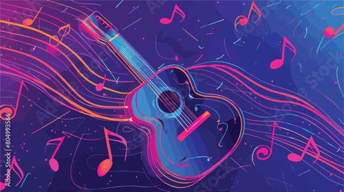 Music notes and guitar over blue and violet vector illustration
