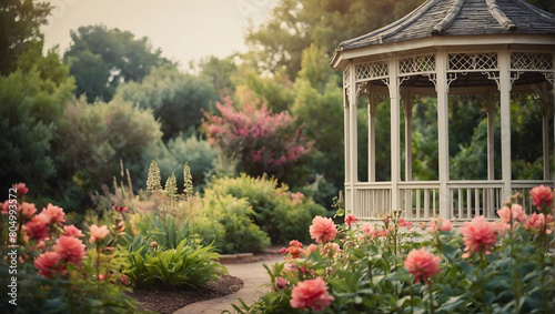 composition featuring a tranquil garden, with blooming flowers and lush foliage surrounding a charming gazebo in a vintage-inspired style.