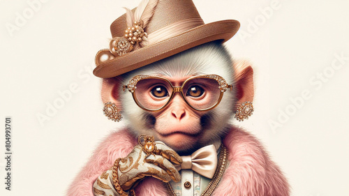 Monkey in glamorous high class fashion outfits isolated on a plain background. Party Invitation