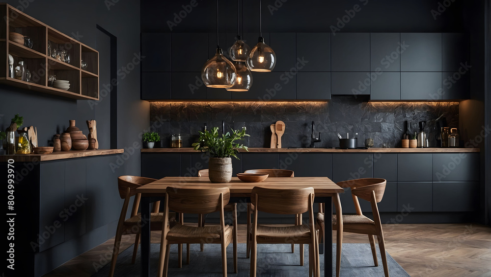 Contemporary Kitchen Space, Modern Interior Design with Wooden Table and Chairs Set Against a Dark Classic Wall.