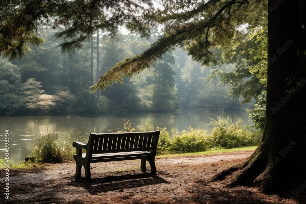 A solitary bench overlooks the pond, providing a perfect spot for solitary contemplation.