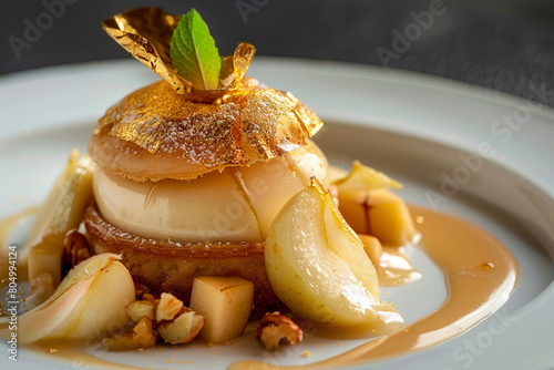 Apple pie reimagined caramelized apples flaky gold leaf crust served with crme frache ultimate indulgence  photo