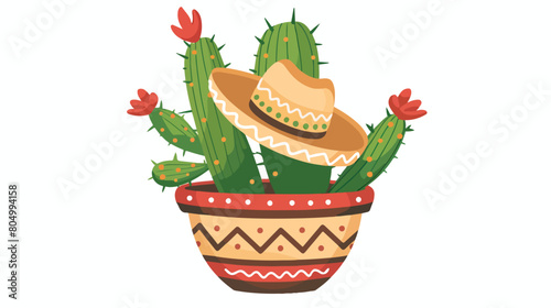 Nopal cactus in pot with mexican hat Vector illustration
