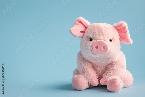 Plush pig toy on a grey background. Studio pet portrait. Farm and comfort concept for design and print.   © Udari
