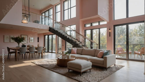 Contemporary Living Space  Comfortable Sofa  Pastel-Colored Walls  Large Windows  and Stairs Leading to the Second Floor in a Modern Setting.