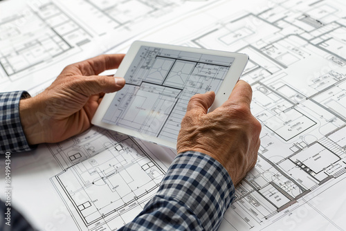 Architect reviewing blueprints with a digital tablet in hand 