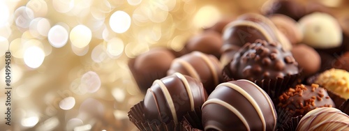 Chocolate pralines on a glittering background.