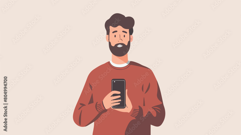 One man holding mobile phone over white Vector illustration