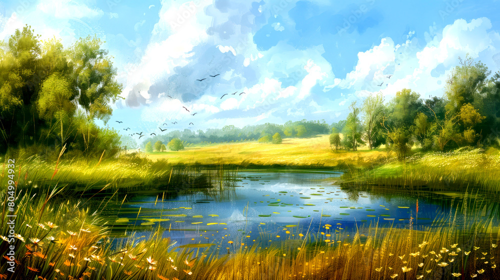 Fototapeta premium Portrait illustration landscape Spring