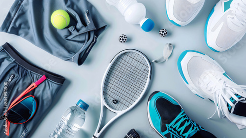 Tennis rackets balls clothes bottle of water and shoes photo