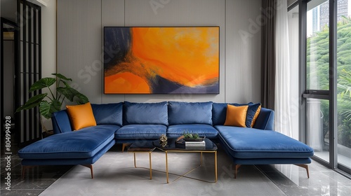 Photographer Chen Man's fashionable photography style features an L-shaped blue fabric sofa with golden metal legs,Generative AI illustration.