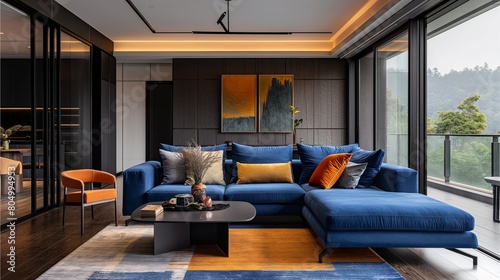 Photographer Chen Man's fashionable photography style features an L-shaped blue fabric sofa with orange and yellow accents, featuring exquisite craftsmanship,Generative AI illustration. photo