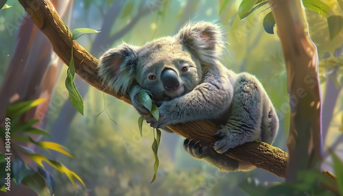 Adorable koala gripping a branch with tiny hands, its eyes halfclosed in a sleepy gaze photo