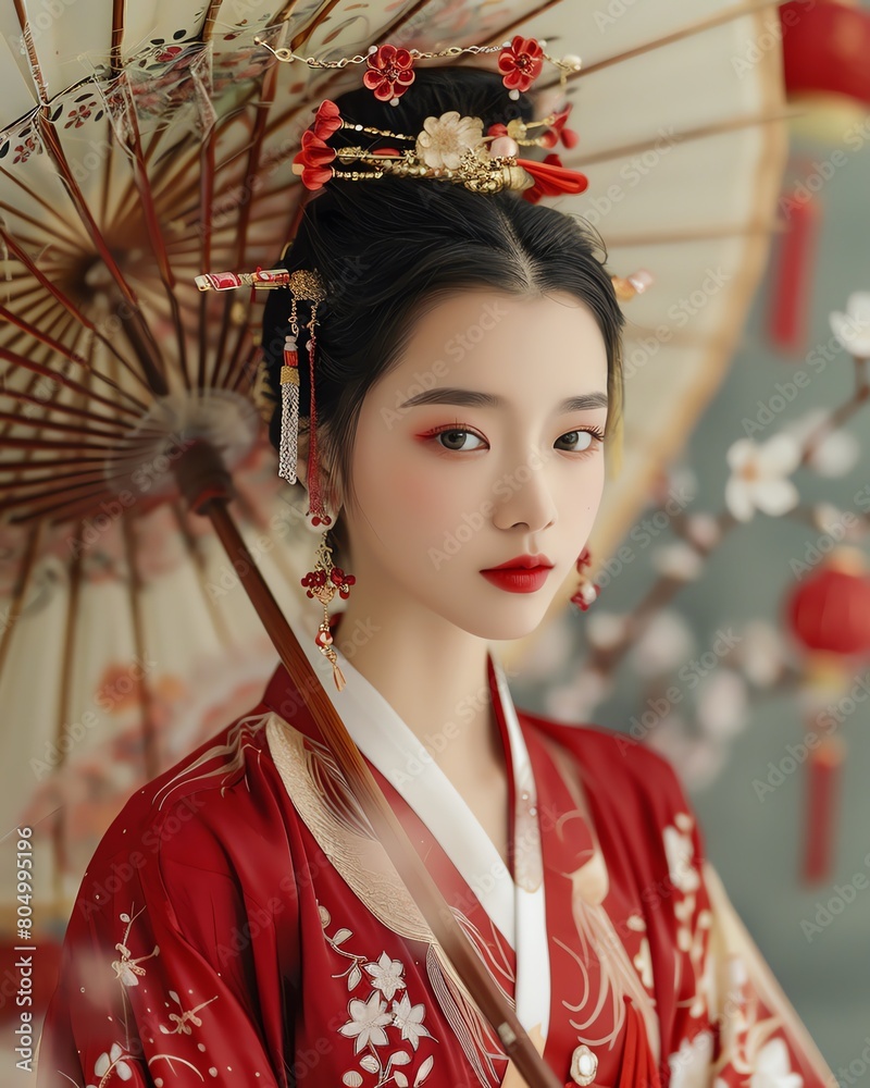 A woman in traditional Chinese attire, symbolizing strength and beauty during a festive New Year scene A woman in traditional Chinese attire, symbolizing strength and beauty during a festive New Year scene