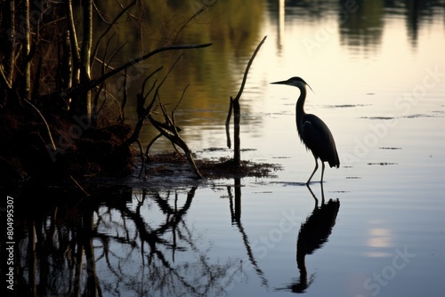 A lone heron stands at the water's edge, its silhouette reflected in the pond's still surface. © OhmArt