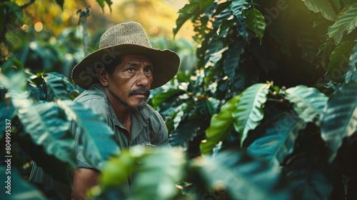 Colombian coffee farmer sits amid coffee trees and tranquil plantation photo