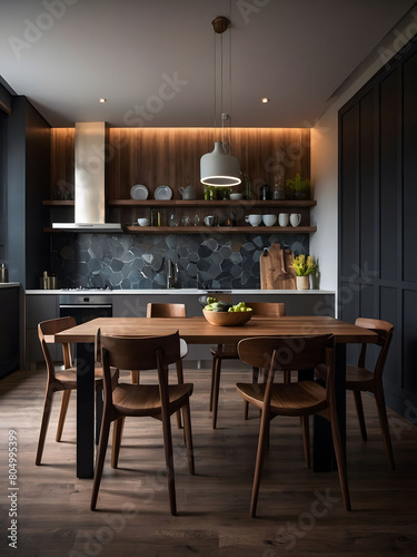 Contemporary Cooking Area  Large Room with Modern Interior Design  Enhanced by Wood Table and Chairs  Set Against a Dark Classic Wall.