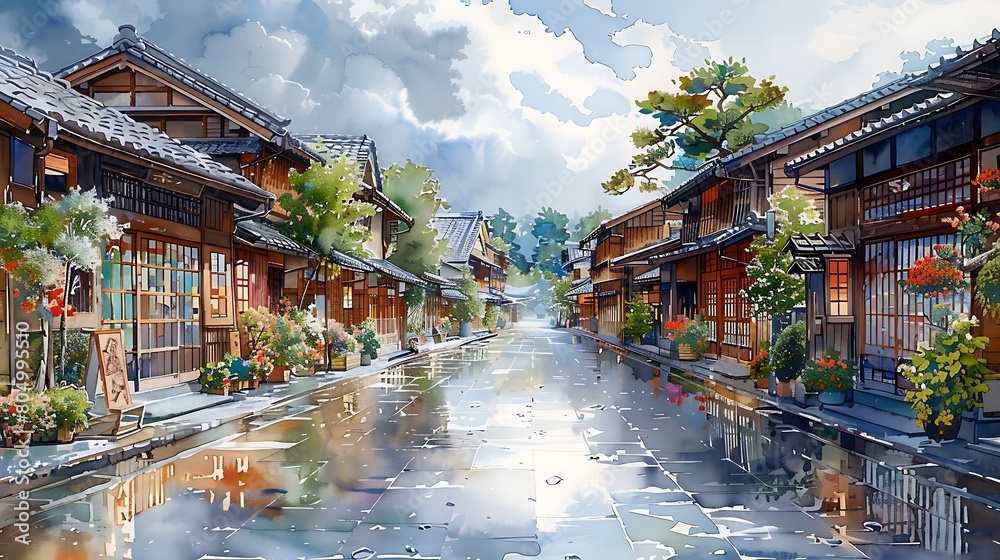 Fototapeta premium Kyoto streets with windows and houses and flowers in watercolor style