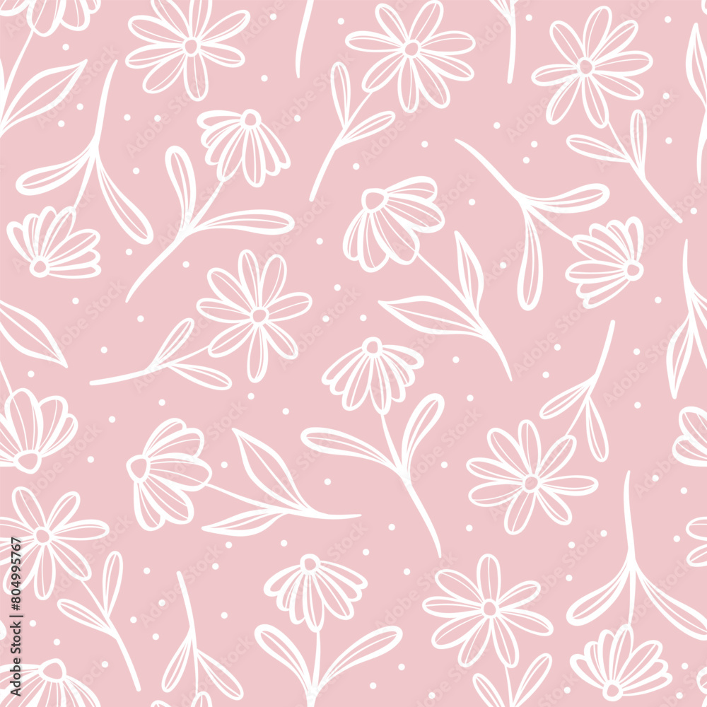Pink floral vector pattern cute pastel flower print with daisies, repeating wallpaper