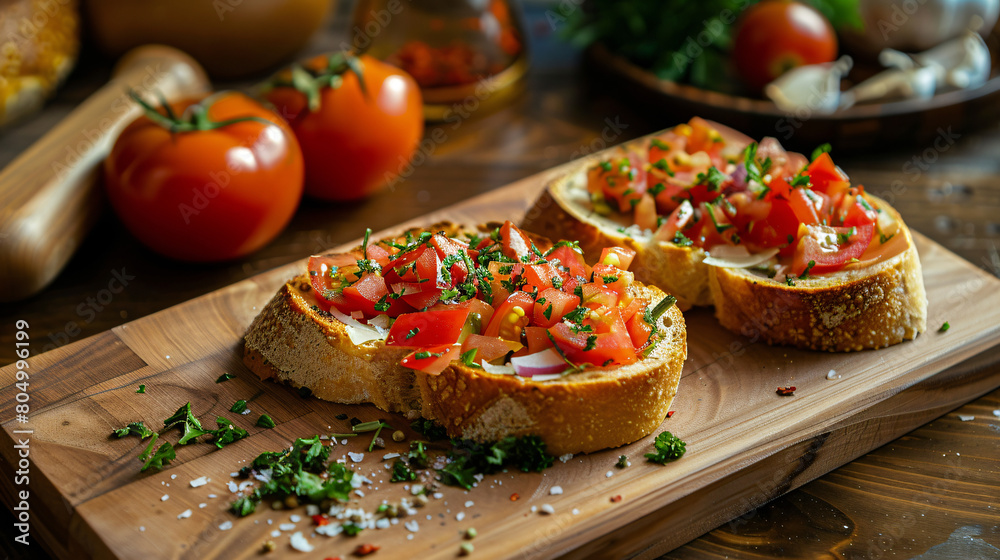 Toasted bread with vegetables on table