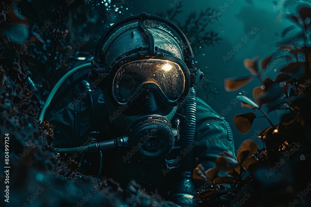 Illustration depicts a deep-sea diver enveloped in an abyss of darkness, with only the faint glow of their helmet light breaking through the inky blackness. Illustration depicts a deep-sea diver enveloped in an abyss of darkness, with only the faint glow of their helmet light breaking through the inky blackness.