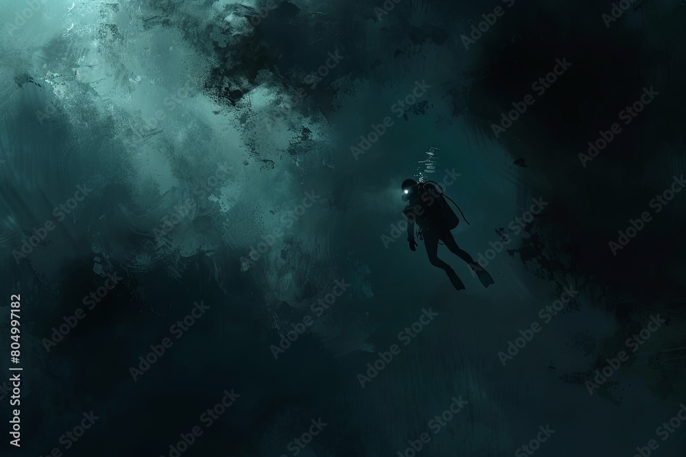 Illustration depicts a deep-sea diver enveloped in an abyss of darkness, with only the faint glow of their helmet light breaking through the inky blackness. Illustration depicts a deep-sea diver enveloped in an abyss of darkness, with only the faint glow of their helmet light breaking through the inky blackness.