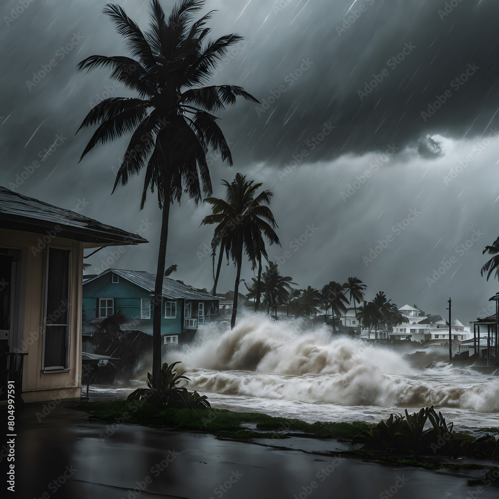 Storm Surge Flooding Coastal Town with Rising Sea Levels Stock ...