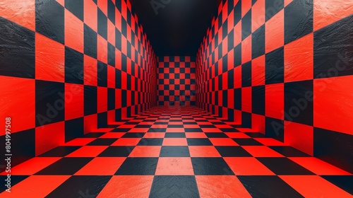 Bold red and black checkered pattern background, ideal for striking wallpaper designs or contemporary style packaging