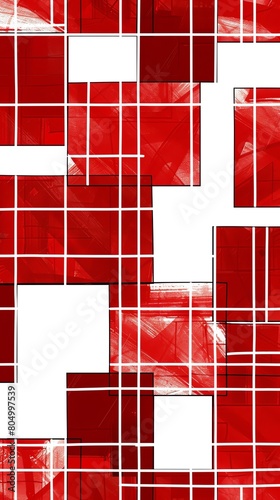 Seamless geometric pattern of red squares and white lines, perfect for modern textiles and dynamic graphic designs