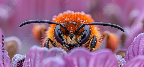 A bee puts its head in a flower and sucks honey zoomed view High quality photo