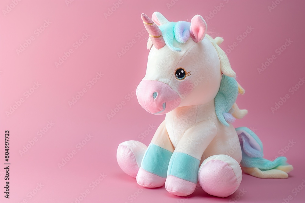 Obraz premium Plush unicorn toy with pastel mane on a pink background. Studio pet portrait. Fantasy and magic concept for design and print
