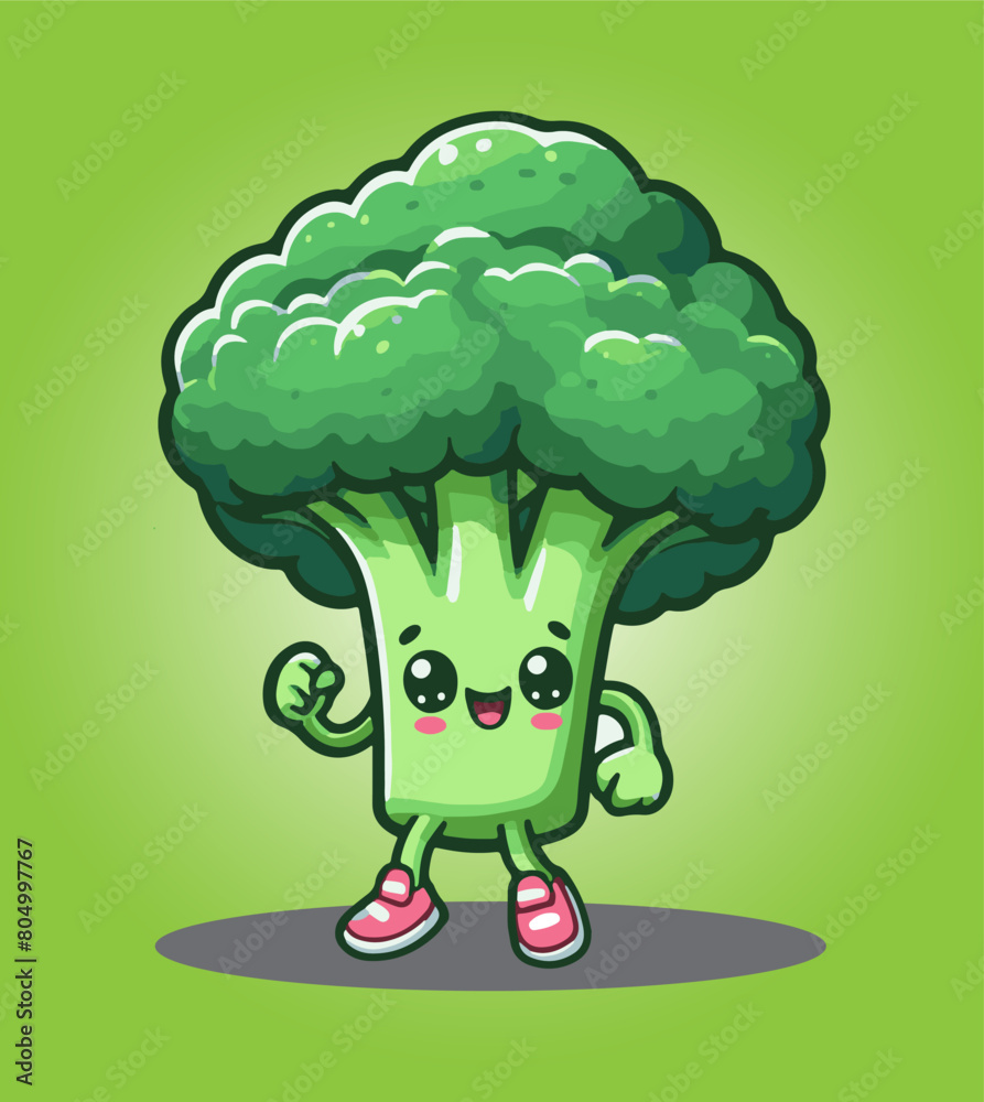 Vector illustration a cartoon broccoli character is smiling and wearing pink shoes Vector illustration a cartoon broccoli character is smiling and wearing pink shoes