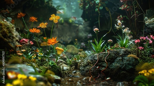 Underground View of Flowering Plants and Earthworm