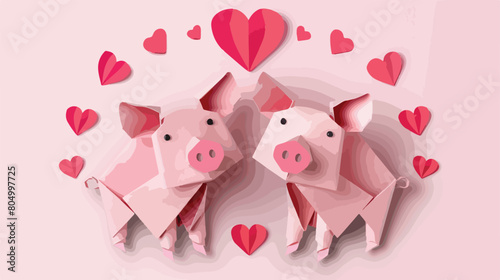 Pigs couple origami paper with heart Vector illustration © Aliha