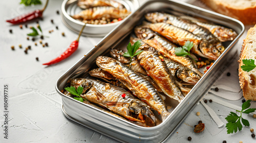 Tray of canned smoked sprats with bread and chilli 
