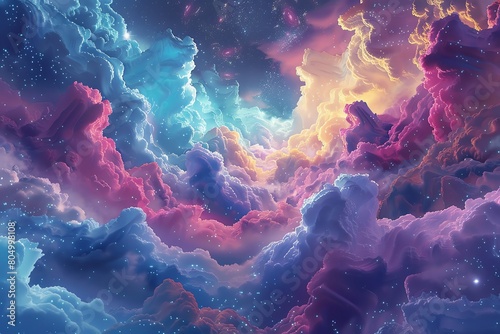 Dreamy 3D wallpaper depicting a cosmic journey through vibrant, imaginative spaces photo