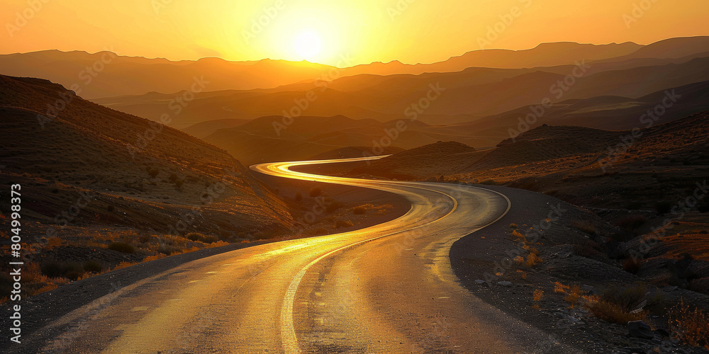 A winding road with a sunset in the background