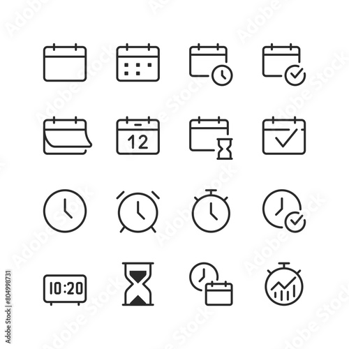 Date and Time, Scheduling linear style icon set. Calendars, clocks, alarms and timers. Agenda planning, reminders and deadlines. Organization and time management tools. Editable stroke width