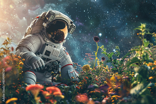 Astronauts admiring the beauty of a cosmic garden in space 