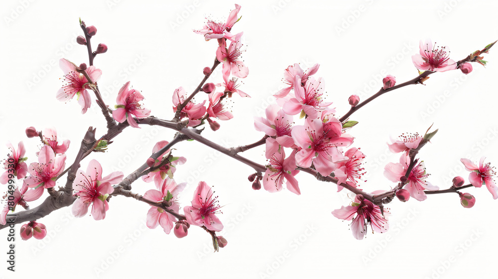 Tree branch with pink flowers on white background