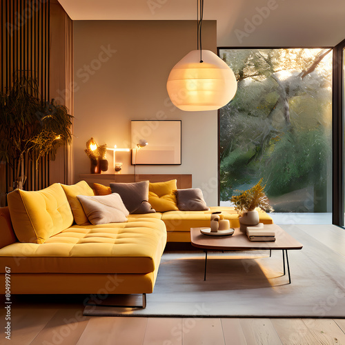 using generative AI to create a picture of a contemporary, opulent living space with a focus on elegant interior details and a rich yellow color scheme influenced by Asian Indian aesthetics.  photo