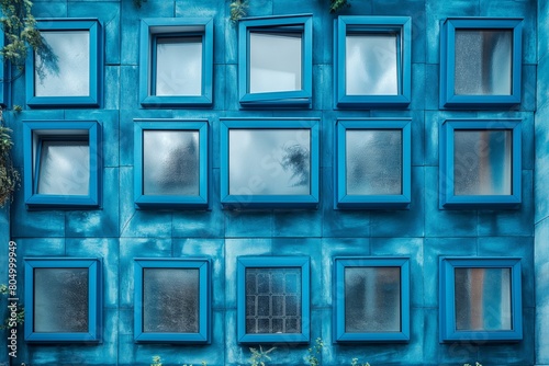 The building facade is covered in blue glass windows, creating an abstract pattern 