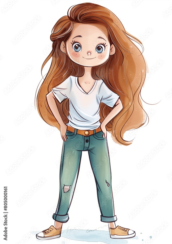 Cute Cartoon Girl with Long Hair and Casual Outfit Illustration. Cute Cartoon Girl with Long Hair and Casual Outfit Illustration.