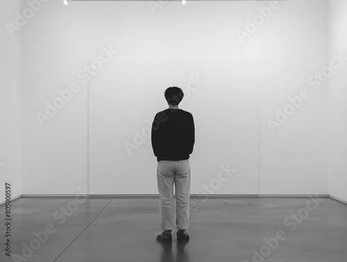 Person observing a blank canvas in a modern art gallery  concept of anticipation and interpretation.