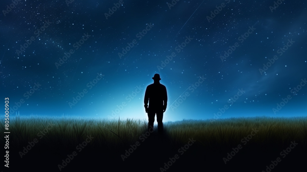 Silhouette of a man on the street against the backdrop of bright stars in the sky.