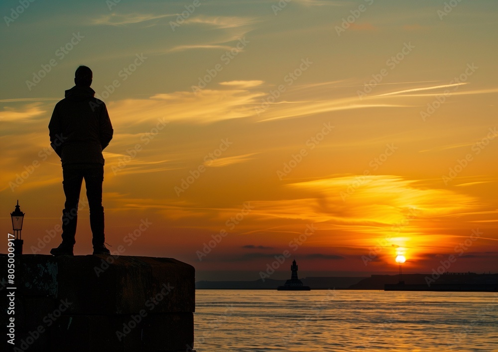 Contemplative Man Standing on Dock at Sunset Overlooking Lighthouse and Ocean Contemplative Man Standing on Dock at Sunset Overlooking Lighthouse and Ocean