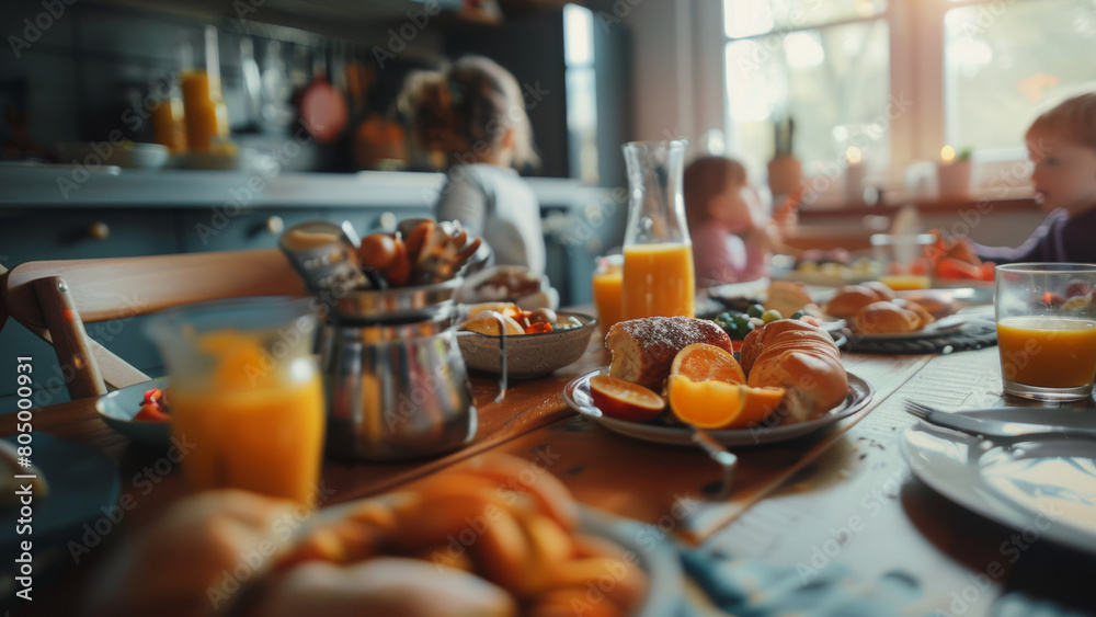 Cozy family breakfast table with healthy options basked in soft morning light, inviting warmth. Cozy family breakfast table with healthy options basked in soft morning light, inviting warmth.