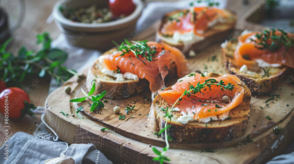 Delectable smoked salmon on toast, artfully presented with fresh herbs and spices. Delectable smoked salmon on toast, artfully presented with fresh herbs and spices.