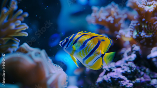 Regal angelfish gliding serenely through a vibrant coral reef underwater.