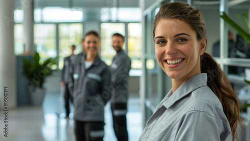 Smiling professional woman in uniform, confidently standing in a bright, modern office lobby. © VK Studio